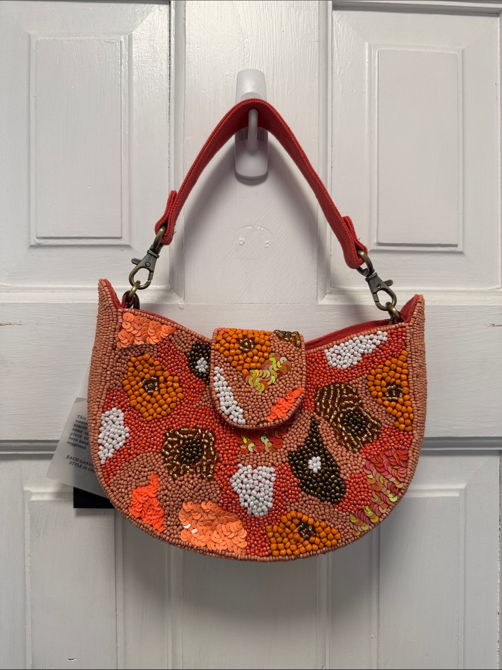 Beaded Floral Mini Shoulder Bag in Coral-Orange